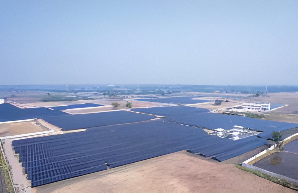 Utility-scale solar park, wide aerial view, Gujarat