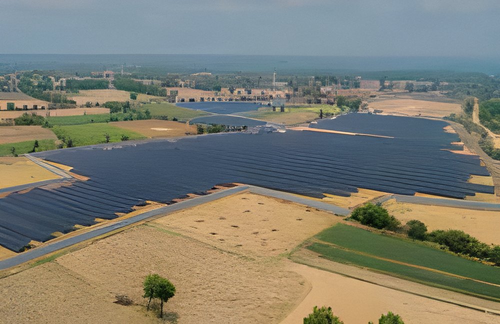 Ground-mounted plant bordered by fields, Gujarat